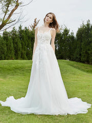 Spaghetti Straps Lace Chapel Train Wedding Dress Champagne