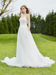 Spaghetti Straps Lace Chapel Train Wedding Dress Champagne
