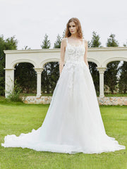 Spaghetti Straps Lace Chapel Train Wedding Dress Champagne