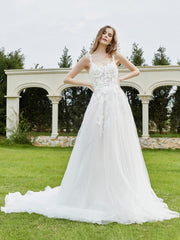 Spaghetti Straps Lace Chapel Train Wedding Dress Champagne