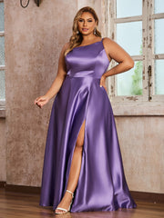 A-line One Shoulder Long Satin Gown with Pocket Tahiti