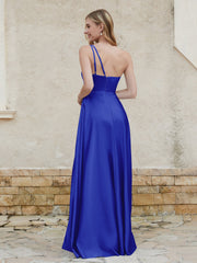 A-line One Shoulder Long Satin Gown with Pocket Royal Blue