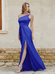 A-line One Shoulder Long Satin Gown with Pocket Royal Blue