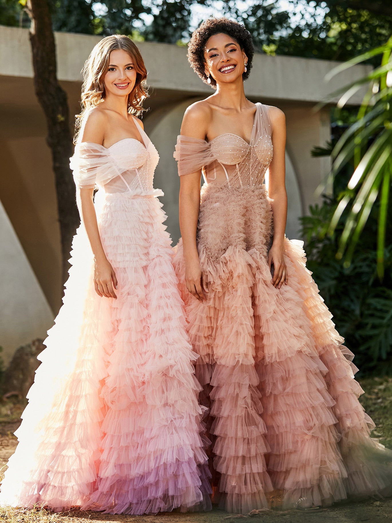 A-line One Shoulder Pleated Tulle Dress Dusty Rose