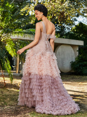 A-line One Shoulder Pleated Tulle Dress Dusty Rose Plus Size