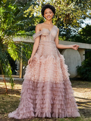 A-line One Shoulder Pleated Tulle Dress Dusty Rose Plus Size