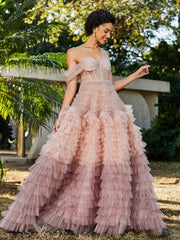 A-line One Shoulder Pleated Tulle Dress Dusty Rose Plus Size