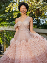 A-line One Shoulder Pleated Tulle Dress Dusty Rose Plus Size