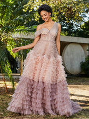 A-line One Shoulder Pleated Tulle Dress Dusty Rose Plus Size
