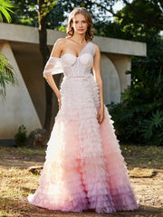 A-line One Shoulder Pleated Tulle Dress Pink Plus Size