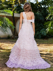 A-line One Shoulder Pleated Tulle Dress Pink Plus Size