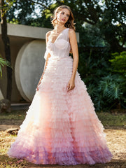 A-line One Shoulder Pleated Tulle Dress Pink Plus Size