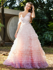 A-line One Shoulder Pleated Tulle Dress Pink Plus Size