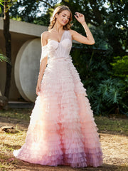 A-line One Shoulder Pleated Tulle Dress Pink Plus Size