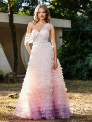 A-line One Shoulder Pleated Tulle Dress Pink Plus Size