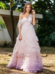 A-line One Shoulder Pleated Tulle Dress Pink Plus Size