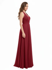 Long Chiffon Dress with V Neck and Bow Straps Burgundy