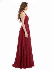 Long Chiffon Dress with V Neck and Bow Straps Burgundy