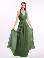Long Chiffon Dress with V Neck and Bow Straps Olive Green