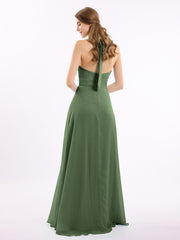 Long Chiffon Dress with V Neck and Bow Straps Olive Green