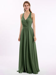 Long Chiffon Dress with V Neck and Bow Straps Olive Green