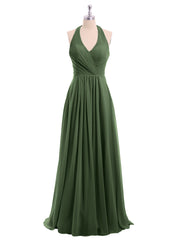 Long Chiffon Dress with V Neck and Bow Straps Olive Green