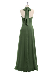 Long Chiffon Dress with V Neck and Bow Straps Olive Green