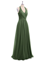 Long Chiffon Dress with V Neck and Bow Straps Olive Green