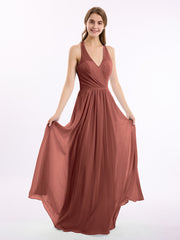 Long Chiffon Dress with V Neck and Bow Straps Terracotta Plus Size