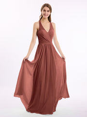 Long Chiffon Dress with V Neck and Bow Straps Terracotta
