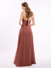 Long Chiffon Dress with V Neck and Bow Straps Terracotta