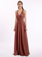 Long Chiffon Dress with V Neck and Bow Straps Terracotta