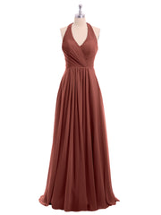 Long Chiffon Dress with V Neck and Bow Straps Terracotta