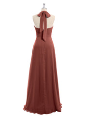 Long Chiffon Dress with V Neck and Bow Straps Terracotta