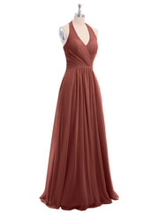 Long Chiffon Dress with V Neck and Bow Straps Terracotta