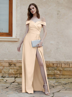 Off-the-shoulder Cap Sleeves Satin Dress With Slit Champagne