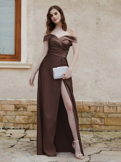 Off-the-shoulder Cap Sleeves Satin Dress With Slit Chocolate