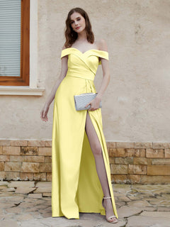 Off-the-shoulder Cap Sleeves Satin Dress With Slit Daffodil