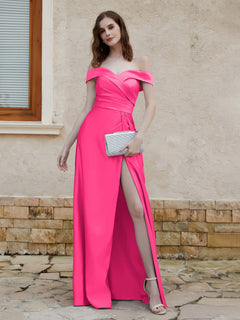 Off-the-shoulder Cap Sleeves Satin Dress With Slit Fuchsia
