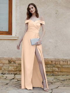 Off-the-shoulder Cap Sleeves Satin Dress With Slit Peach