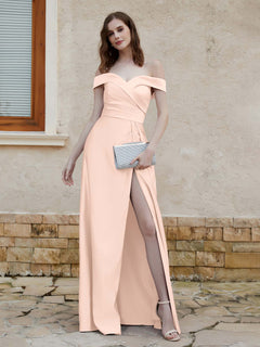 Off-the-shoulder Cap Sleeves Satin Dress With Slit Pearl Pink