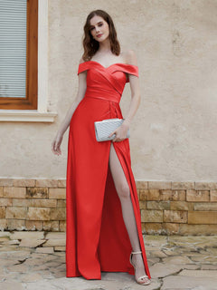 Off-the-shoulder Cap Sleeves Satin Dress With Slit Red