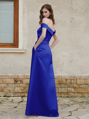 Off-the-shoulder Cap Sleeves Satin Dress With Slit Royal Blue