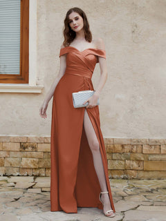Off-the-shoulder Cap Sleeves Satin Dress With Slit Rust