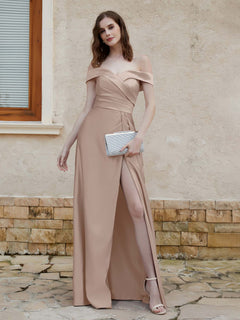 Off-the-shoulder Cap Sleeves Satin Dress With Slit Taupe