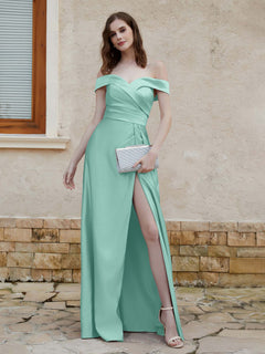 Off-the-shoulder Cap Sleeves Satin Dress With Slit Turquoise