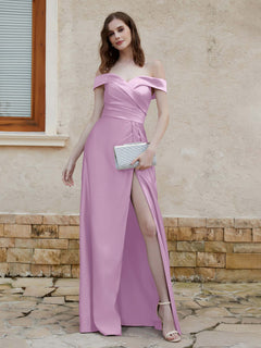 Off-the-shoulder Cap Sleeves Satin Dress With Slit Wisteria
