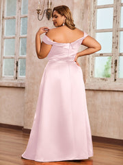 Off-the-shoulder Cap Sleeves Satin Dress With Slit Blushing Pink