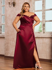 Off-the-shoulder Cap Sleeves Satin Dress With Slit Burgundy