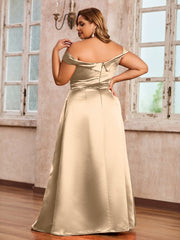 Off-the-shoulder Cap Sleeves Satin Dress With Slit Champagne